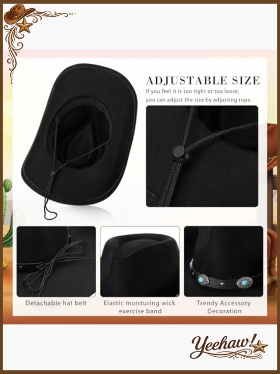 Western Cowboy Hat Set with Silver Jewelry and Turquoise Belt, Adjustable Fit